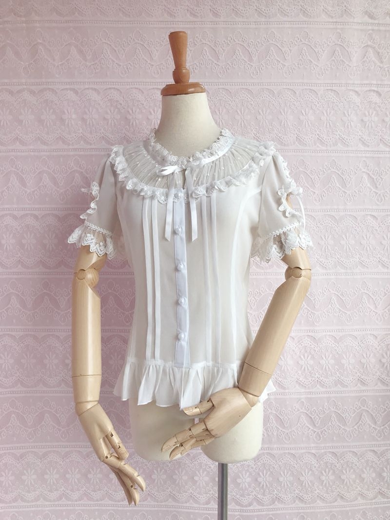 伊丽娅洛丽塔内衬春夏新款短袖日系泡泡袖袖雪纺蕾丝百搭衬衫