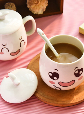 儿童陶瓷杯可爱卡通水杯带盖带勺子表情马克杯创意白色新骨瓷杯子