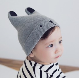 韩国进口婴儿童春秋洋气帽子男女宝宝针织棉线套头包头胎帽耳朵帽