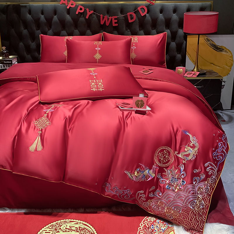 简约中式婚庆大红四件套磨毛结婚房龙凤刺绣喜庆被套床Z笠床上用