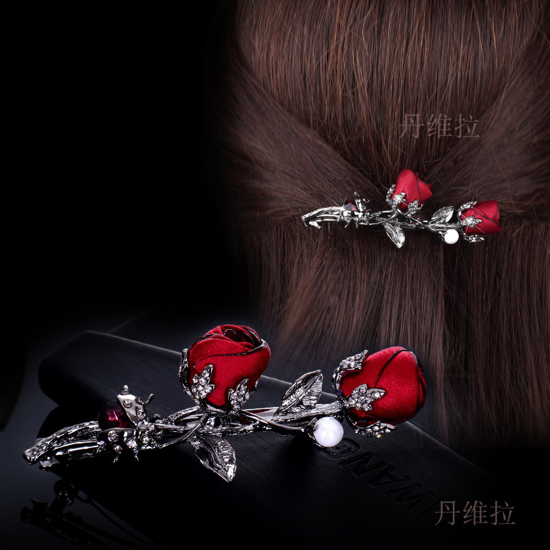 韩版玫瑰花小发夹弹簧夹顶夹复古小夹子水钻发卡经典饰品头花女