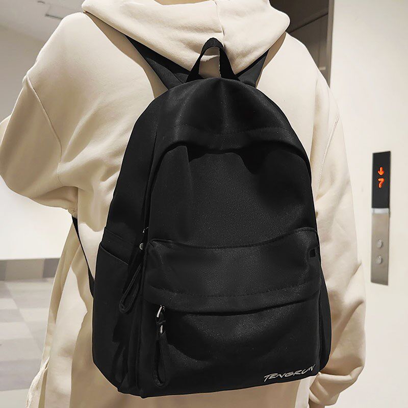 红色书包女大学生双肩包男纯色韩系简约黑色轻便慵懒风背包女双肩