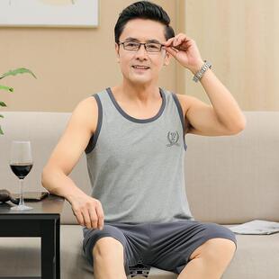 中年爸爸睡衣男士夏季纯棉背心无袖短裤夏天中老年人薄款全棉套装