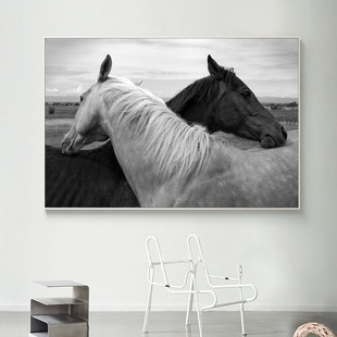 黑白马抽象装饰画现代简约艺术挂画客厅沙发背景画办公室工业风画