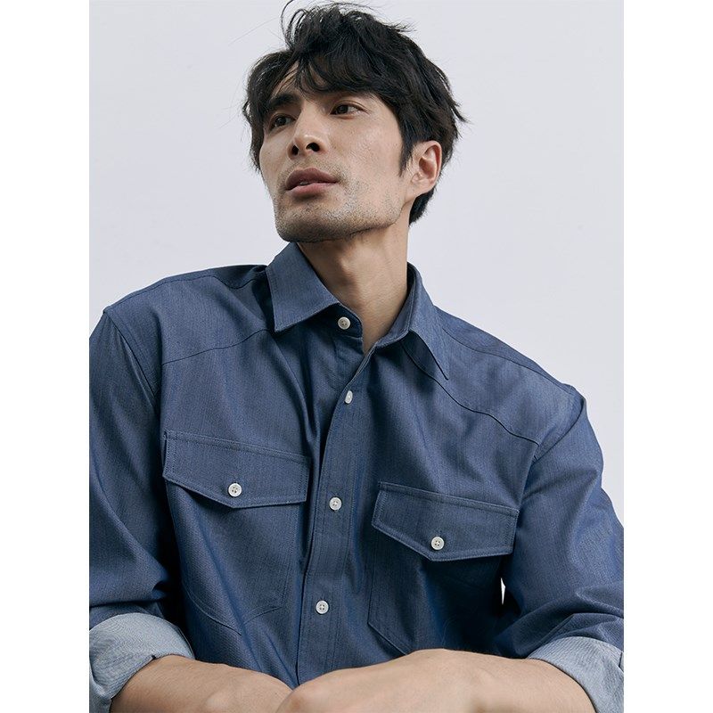 夏季休闲绅士 双口袋设计感衬衫男简约高级感休闲牛仔蓝衬衣免烫,男装,衬衫,淘宝优惠券,粉丝福利购,淘宝优惠卷