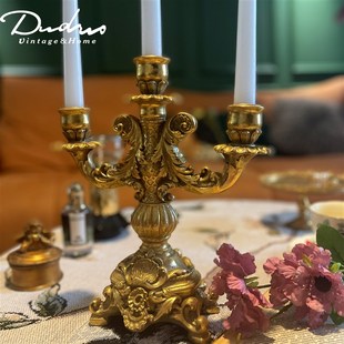 法式 怀旧浪漫氛围蜡烛台座 轻奢复古金色烛台摆件家用餐桌装 饰欧式