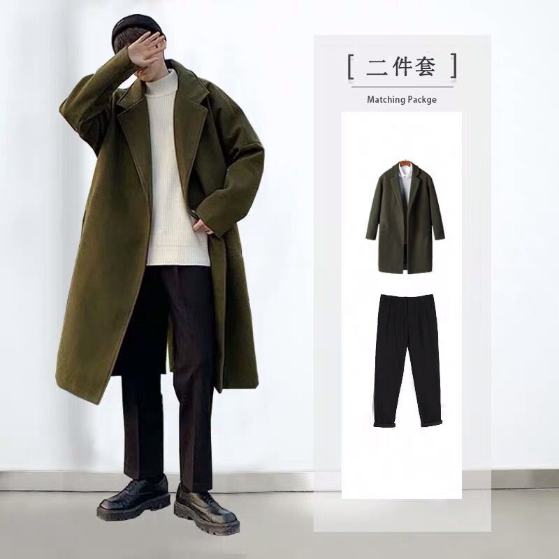 韩版风衣套装男士穿搭潮s春秋季毛呢大衣三件套搭配成熟风一套外