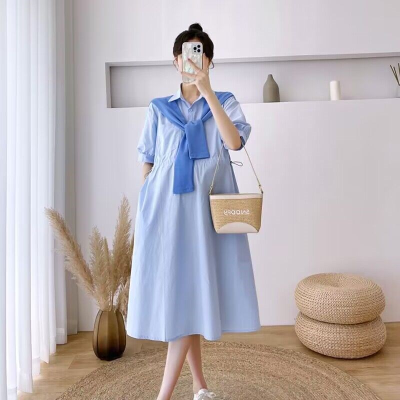 孕妇装夏季宽松韩版显瘦孕妇连衣裙怀孕期衬衫裙夏季过膝长裙潮