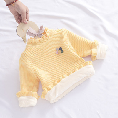女童毛衣加绒g加厚宝宝套头打底衫婴儿针织衫白色半高领保暖秋冬
