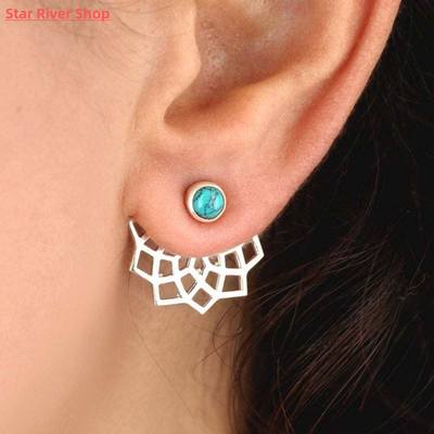 极速Bohemian Openwork Metal Lotus Opal Stud Earrings Vintage