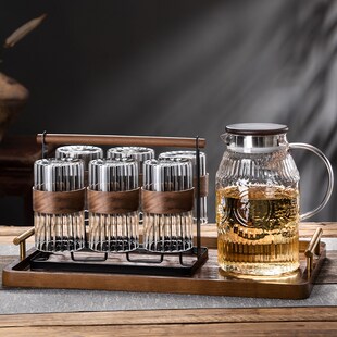 玻璃水杯套装家用客厅耐高温茶具高颜值木腰浮雕冷水壶咖啡啤酒杯