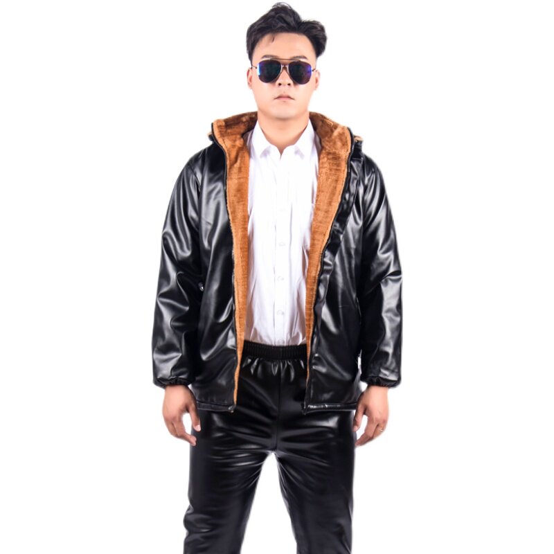 皮衣男加厚绒挡风机车骑行宽松防水耐磨皮衣皮裤套装工作服中老年