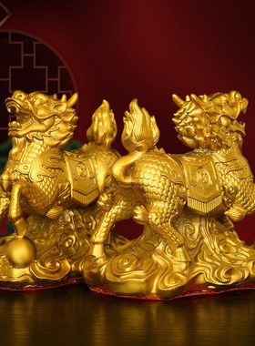 铜麒麟摆件一对黄铜财福麒麟祥瑞麒麟办公室客厅玄关家用工艺品