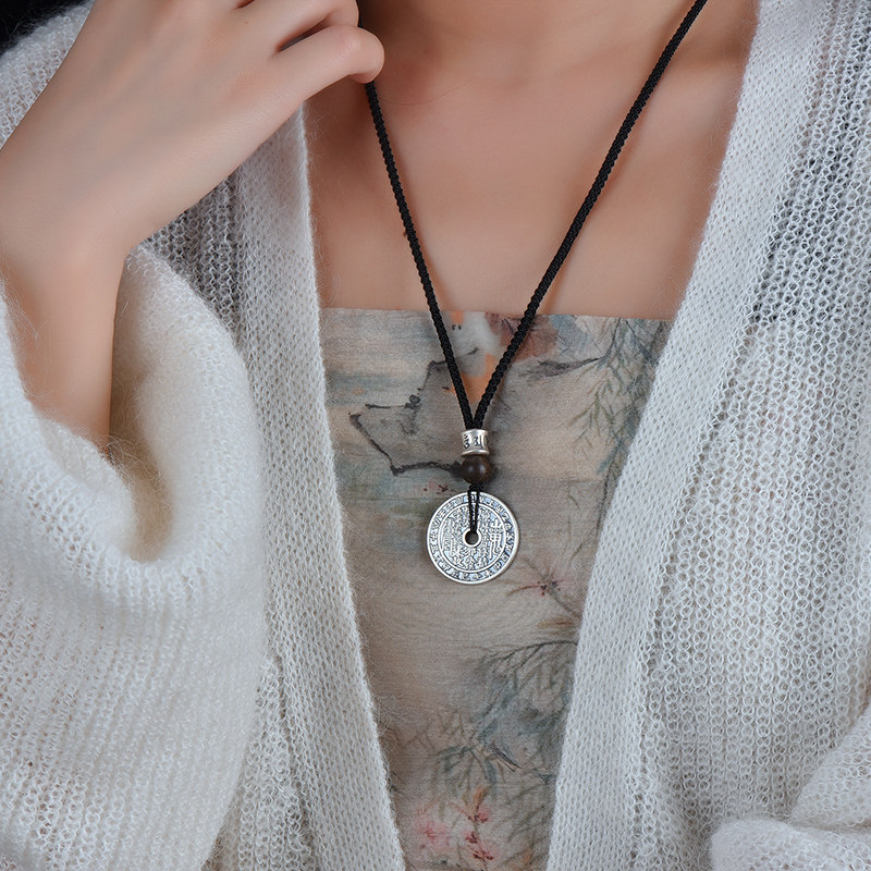 纯银沉香吊坠挂绳挂脖项链绳子黑曜石翡翠天珠和田玉坠平安扣佛绳