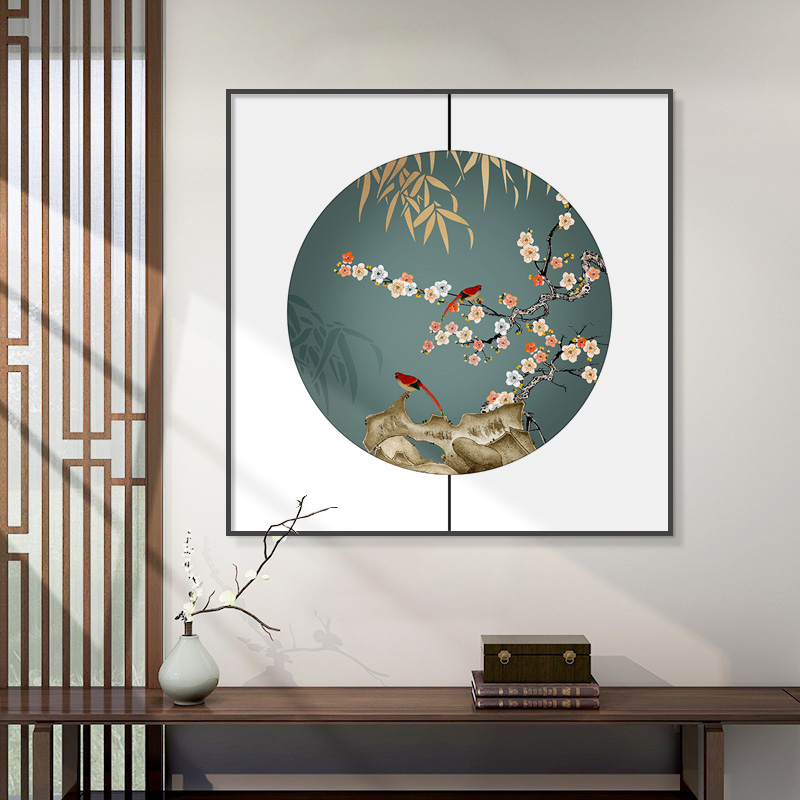 新中式餐厅玄关挂画客厅进门背景墙装饰画书房茶室正方形花鸟壁画