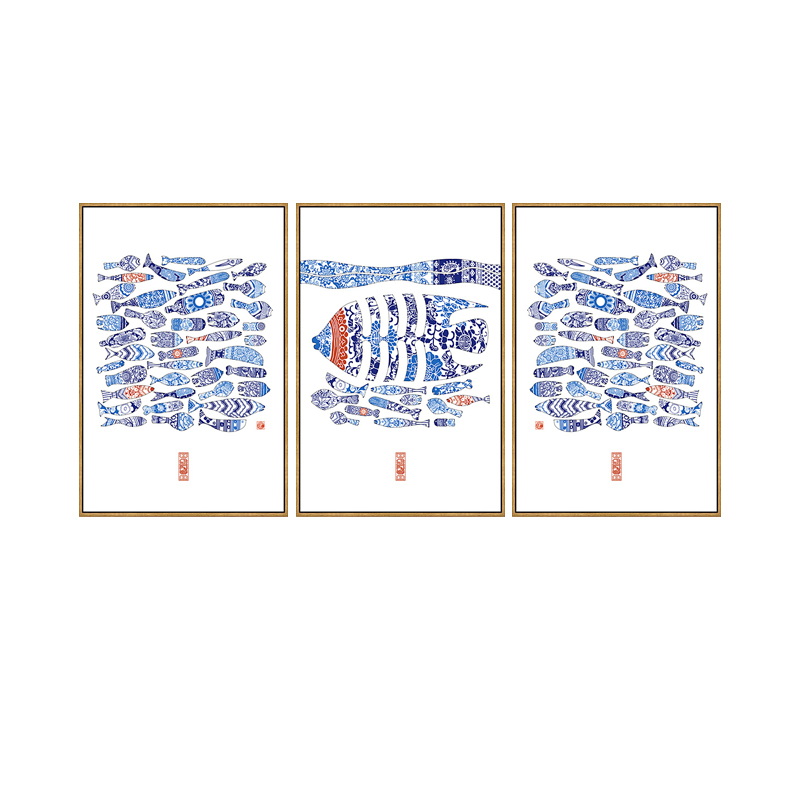 网红现代简约装饰画客厅饭厅三联壁画北欧抽象青花鱼遮挡电表箱挂图片