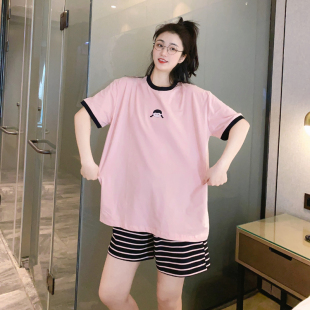 纯棉刺绣女孩宽松休闲青年家居服简约 可外穿 短袖 短裤 睡衣女夏季