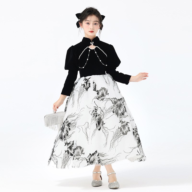 春秋冬儿童洋气黑色长袖公主礼服长裙女童大童国风连衣裙演出服装