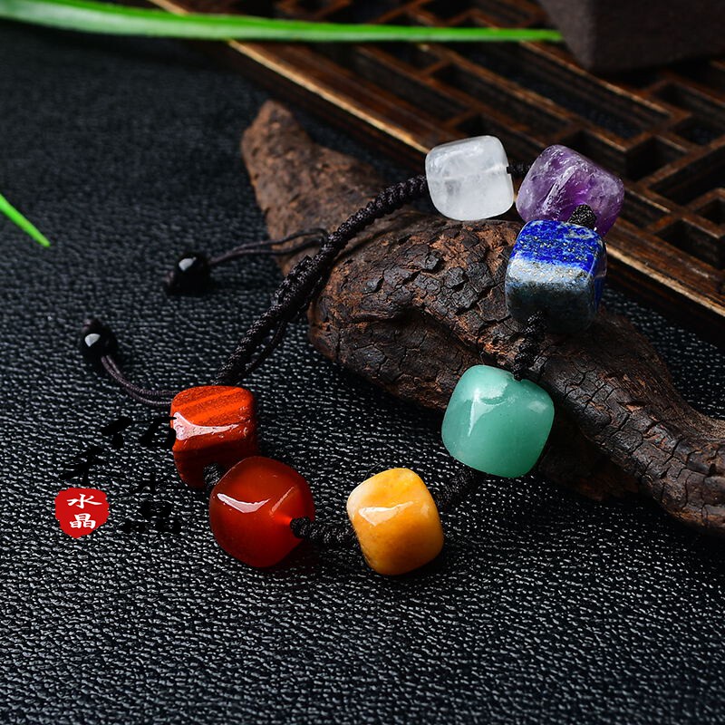 天然水晶方块手链手工编织绳原石手J串瑜伽水晶七彩石饰品