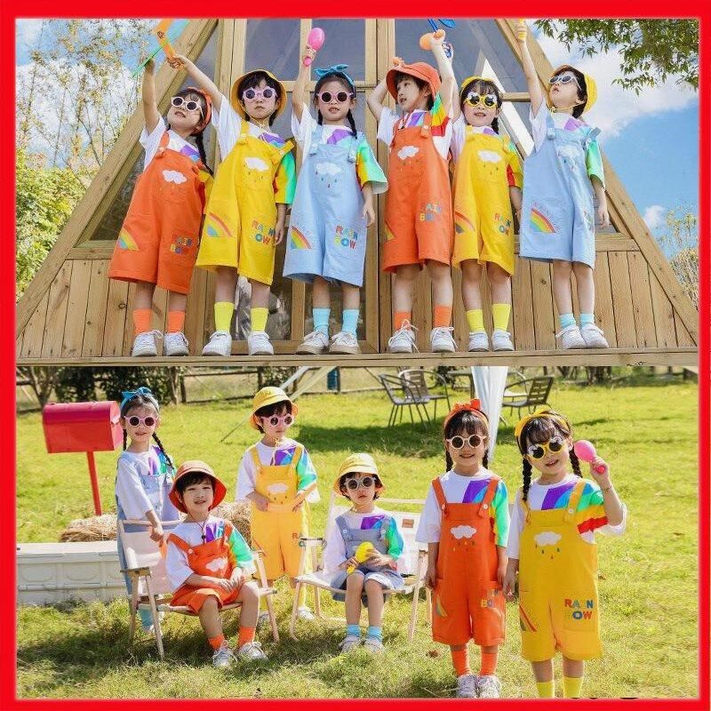 向快乐出发舞蹈服六一彩虹背带裤幼儿园毕业小城夏天演出服抬起头
