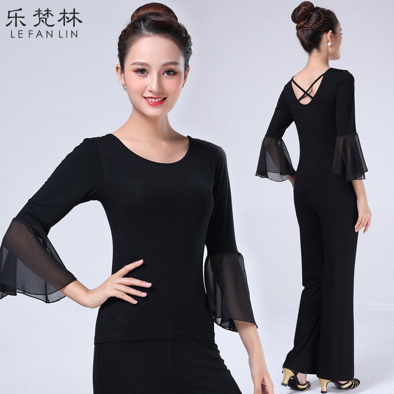 新品新款广场舞古典现代舞服套装喇叭袖修身上衣垂Y感阔腿长裤女