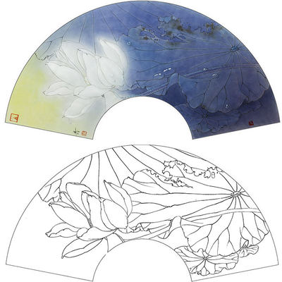 工笔线白2底稿实物勾画白纸打印E稿龚雪青荷花扇面XQ描0