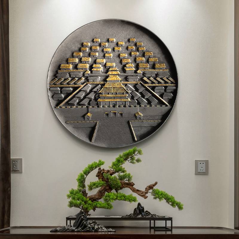 极速新中式玄关走廊立体浮雕装饰画圆形客厅壁画中国风沙发背景墙图片