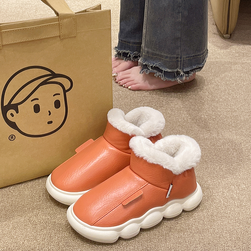 PU皮面防水棉拖鞋女冬季外穿室内加厚加绒保暖踩屎感厚底包跟棉鞋