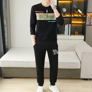 秋季男士T恤短袖短裤长袖厚棉T套装2023新款青少年潮流长裤两件套