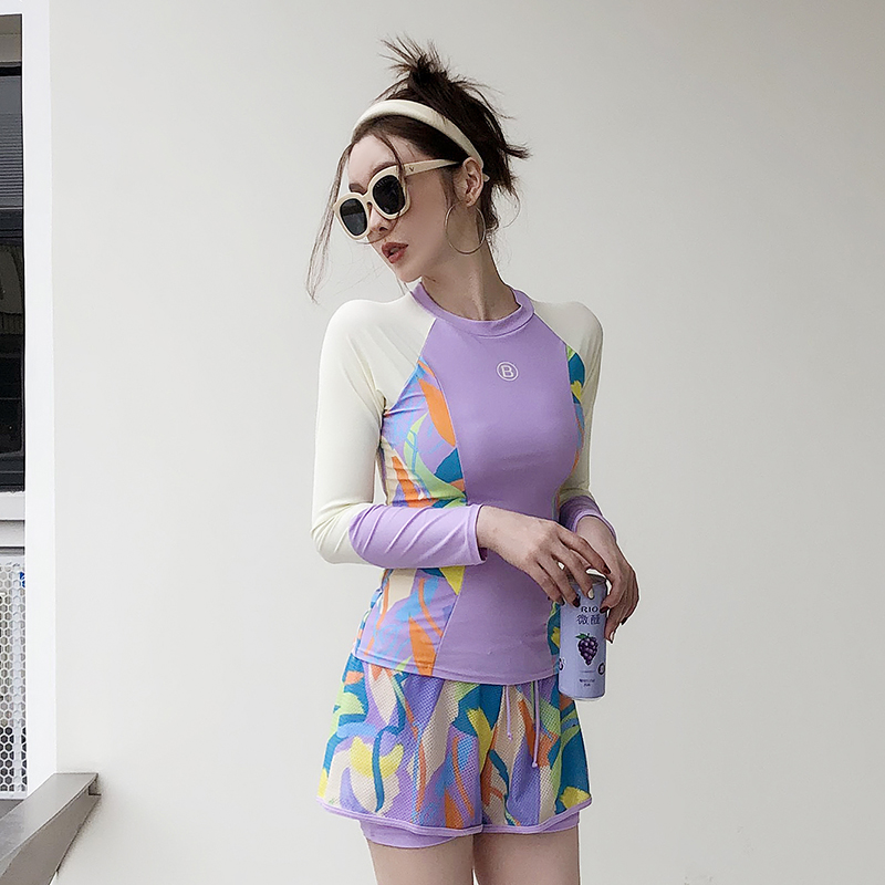 游泳衣女分体式两件套长袖裙式平角裤保守2023新款遮肚显瘦泡温泉