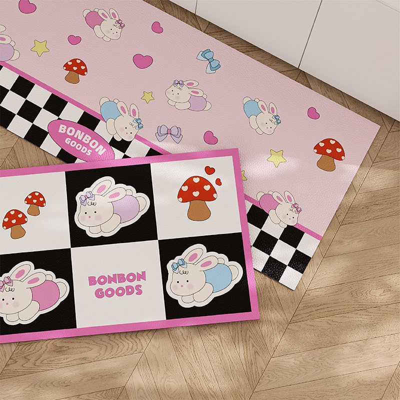 可爱小兔厨房专用免洗防脏地垫L形脚垫防M滑防油可擦门口皮革垫子