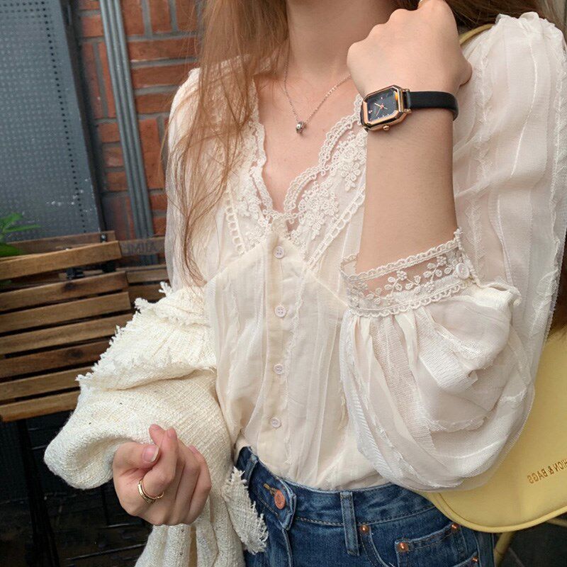 小衫v领蕾丝打底衫女2024春夏新款内搭小个子衬衫V洋气雪纺衫上衣