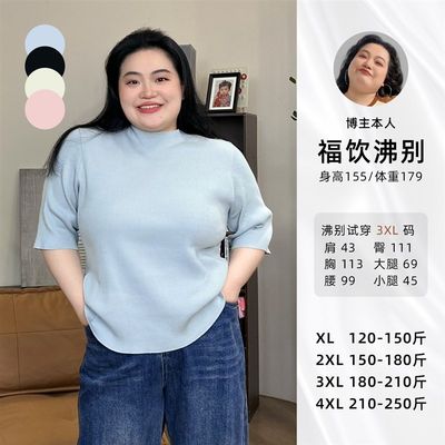 大码女装半高领内搭短袖t恤上衣2024春胖m宽松打底针织衫W女-2215