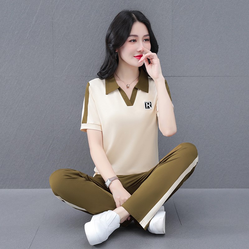 翻领显瘦妈妈冰瓷棉运动套装女士夏季宽松薄款时尚直筒腿裤两件套