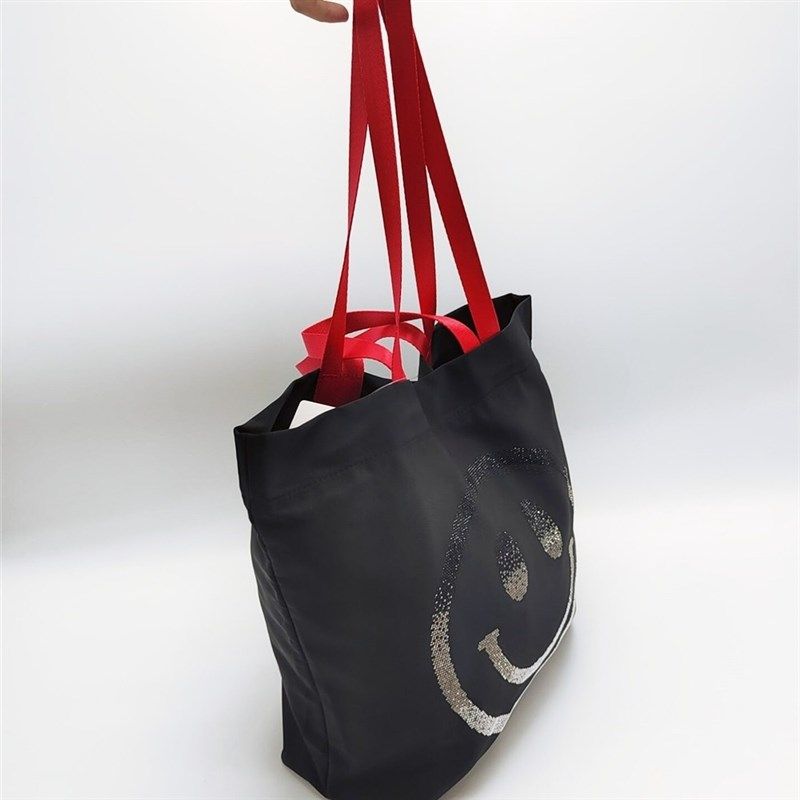 2024百搭帆布包轻便黑色镶钻笑脸单肩水桶包春夏小众设计单肩包潮