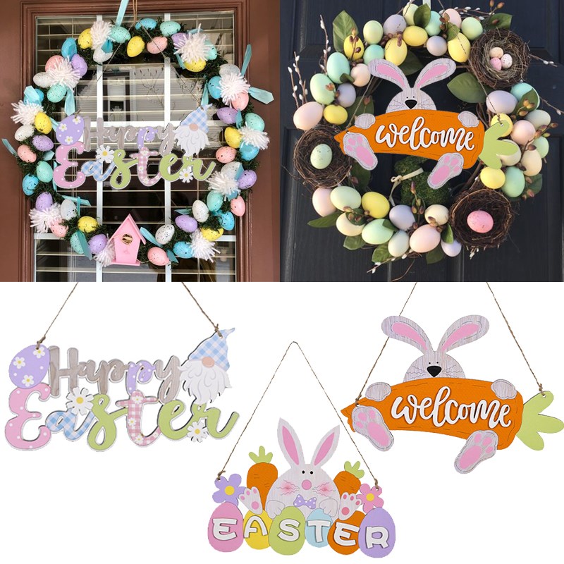 推荐DIY Happy Easter Decor Bunny Door Hanging Wooden Plaque