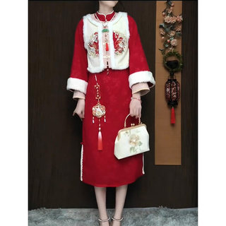 新中式改良汉服套装女秋冬新款耶诞新年拜年服马甲旗袍两件套日常