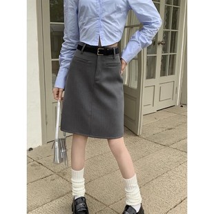 灰色西装半身裙女大码高腰遮胯显瘦一步包臀裙秋冬打底a字毛呢裙