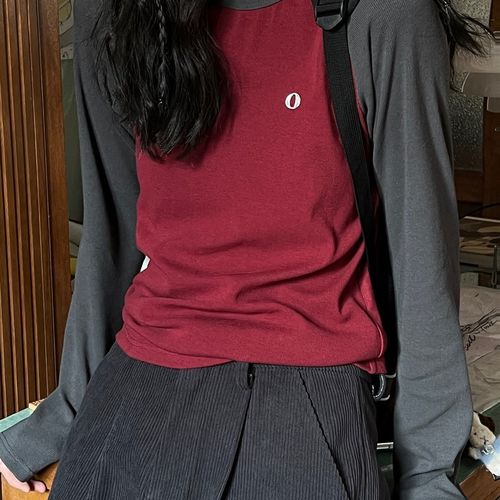 POXFFEE/美式复古撞色插肩袖内穿打底T恤女秋季内搭休闲长袖上衣