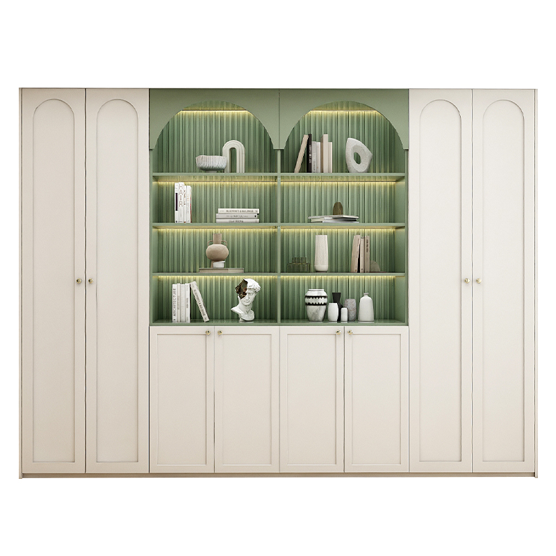 欧式实木开放式书柜美式薄荷x绿复古置物柜带玻璃门整面墙到顶定