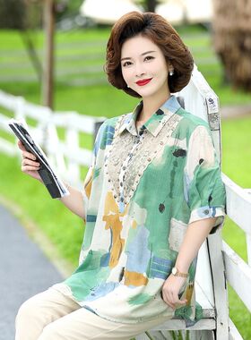 妈妈春装洋气衬衣小衫o中年妇女棉麻T恤薄50岁中老年夏装上衣套装