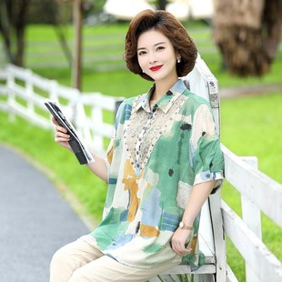 妈妈春装洋气衬衣小衫o中年妇女棉麻T恤薄50岁中老年夏装上衣套装