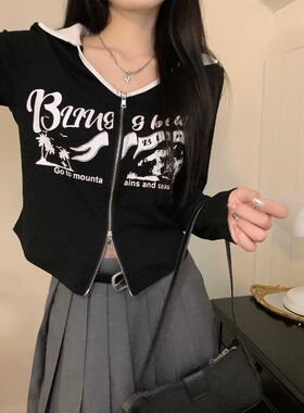 大码胖mm春秋短款拉链polo领长袖t恤女韩版甜辣字母印.花打底上衣