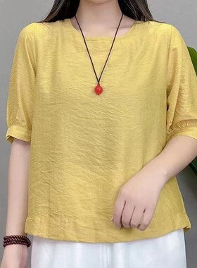 棉麻上装女夏季新款文艺休闲宽松大码女装绣花袖T短恤T亚麻小衫女