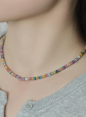 甜美夏日彩色飞盘石串珠项链轻奢简约F小众高级感百搭叠带锁骨链