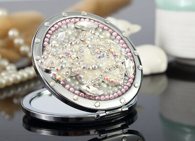 Wedding-Party Compact-Mirror Bling Flower Makeup Rhinestone