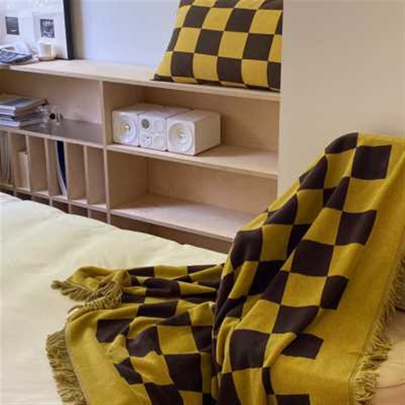 复古棋盘格毛毯黑白大格毛巾毯沙发休闲盖毯多功能汽车空调房毯子