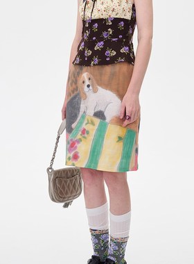 速发{ local tag } w小狗的房间 针织原创手绘印花设计半身裙涂鸦