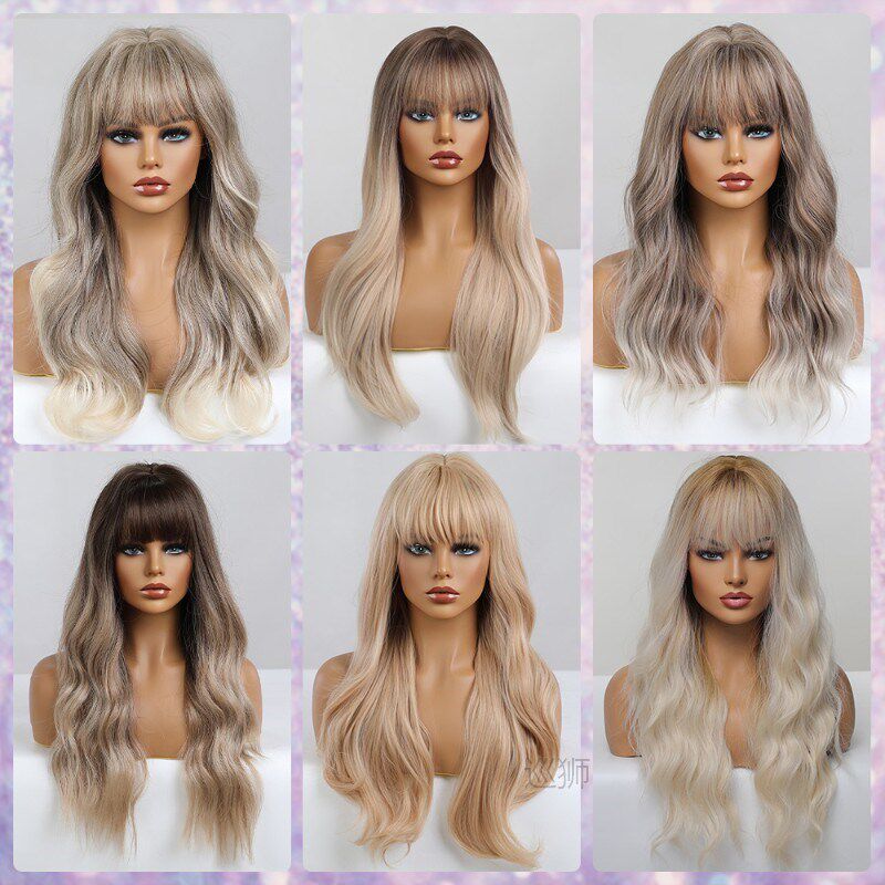 Synthetic Wavy Blonde Platinum Wigs For Women With Bangs Omb