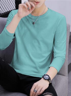 男士长袖t恤男装纯棉上衣服纯色打底G衫白体桖秋冬季潮流内搭秋衣